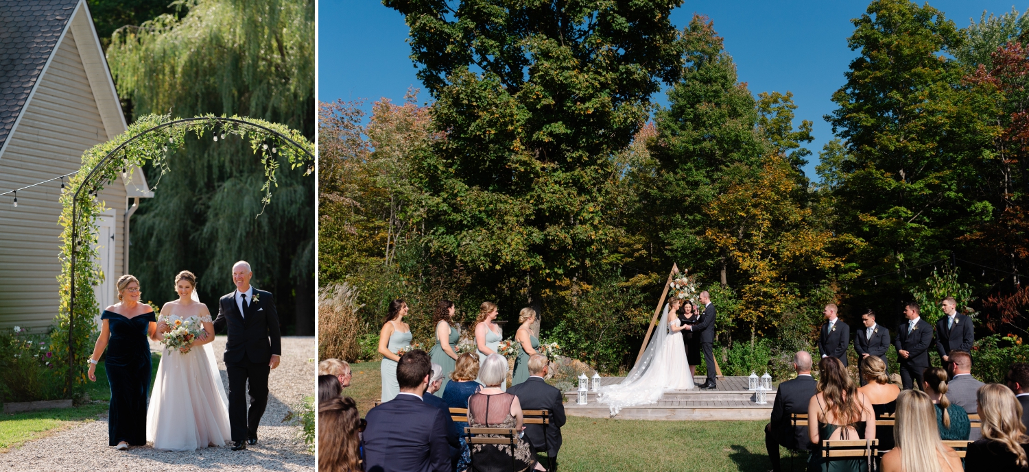 two photos of a bride walking with her parents down the aisle and then standing with her groom in the ceremony location of the Ottawa outdoor wedding venue, Adelina Barn. Captured by JEMMAN Photography