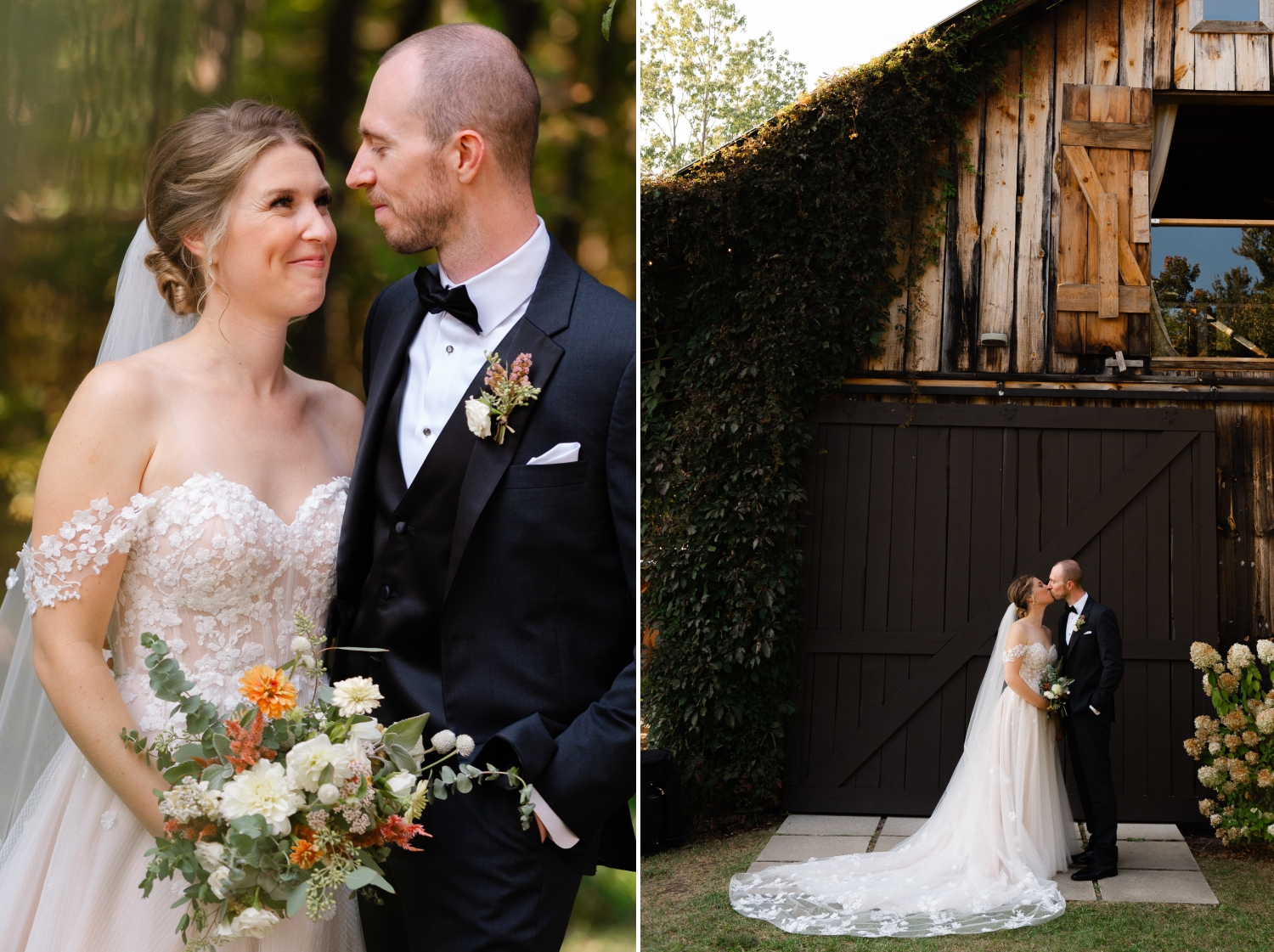 two photos of a bride and groom smiling and kissing each other in front of the barn at the Adelina Barn wedding venue. Capture by Ottawa wedding photographer JEMMAN Photography