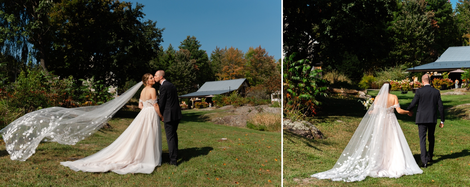 two photos of a bride with a long flowing veil and a groom in a black tux walking towards the barn of the Ottawa outdoor wedding venue, Adelina Barn. Captured by JEMMAN Photography