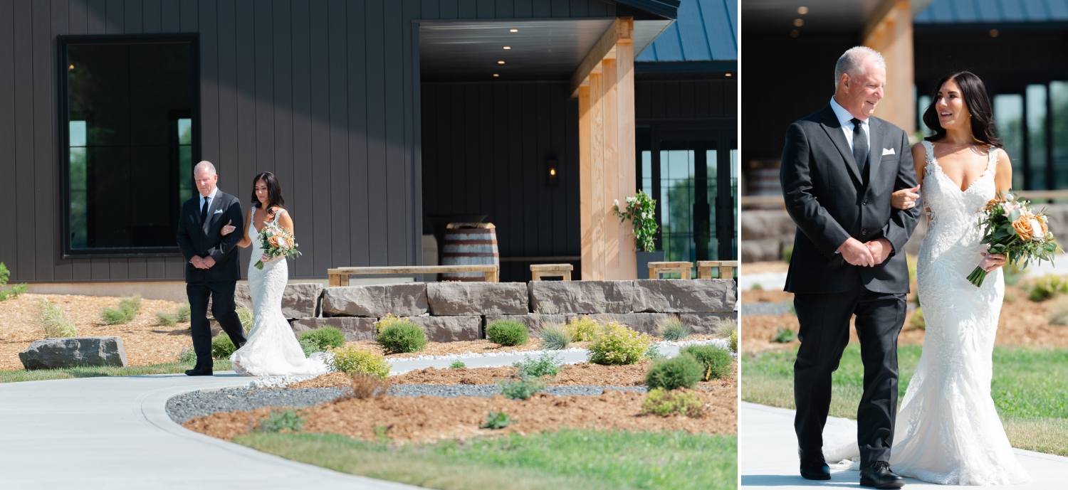 a bride in a white dress and her father in a black suit walking down the aisle of the Ottawa outdoor wedding venue, Bleeks and Bergamot. Captured by Ottawa wedding photographer JEMMAN Photography