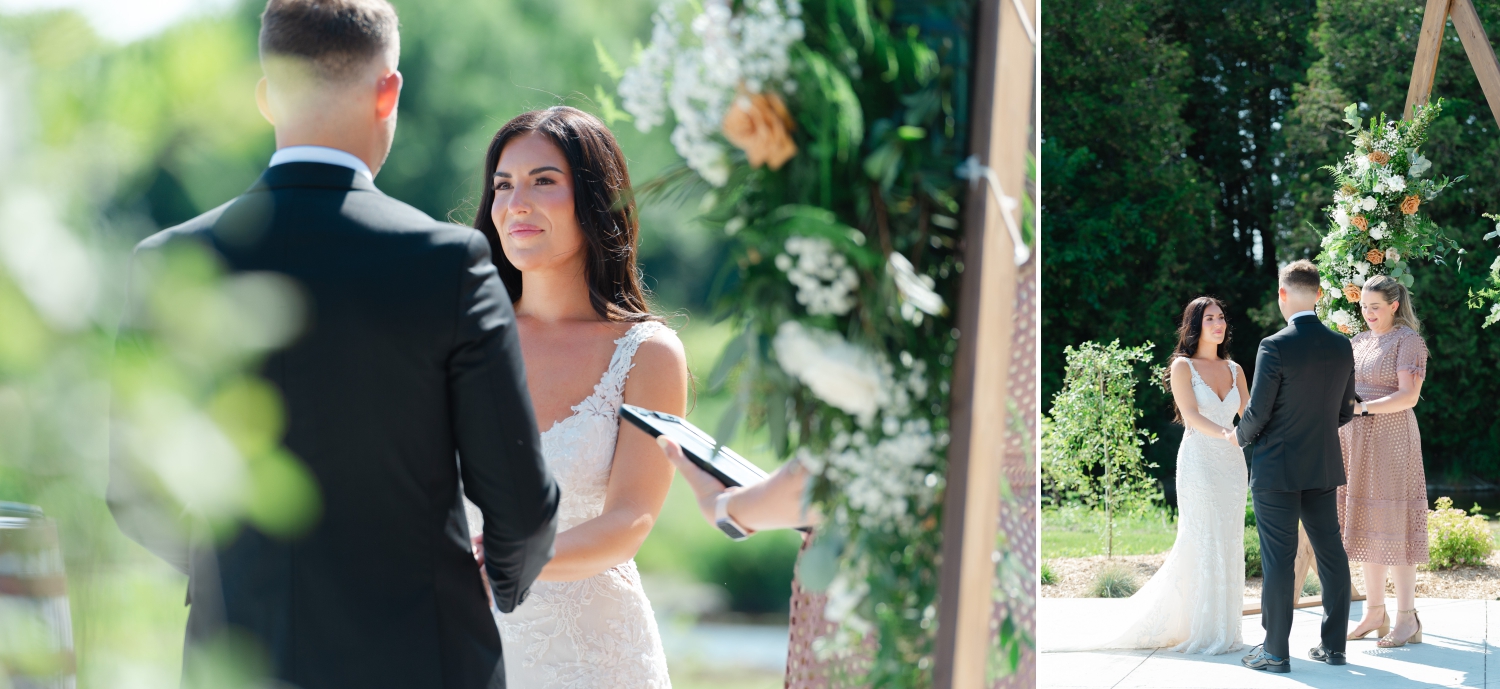 two photos of a bride and groom holding hands as they exchange their wedding vows with their officiant looking on. Captured outdoors at the Bleeks and Bergamot wedding venue by Ottawa wedding photographer JEMMAN Photography