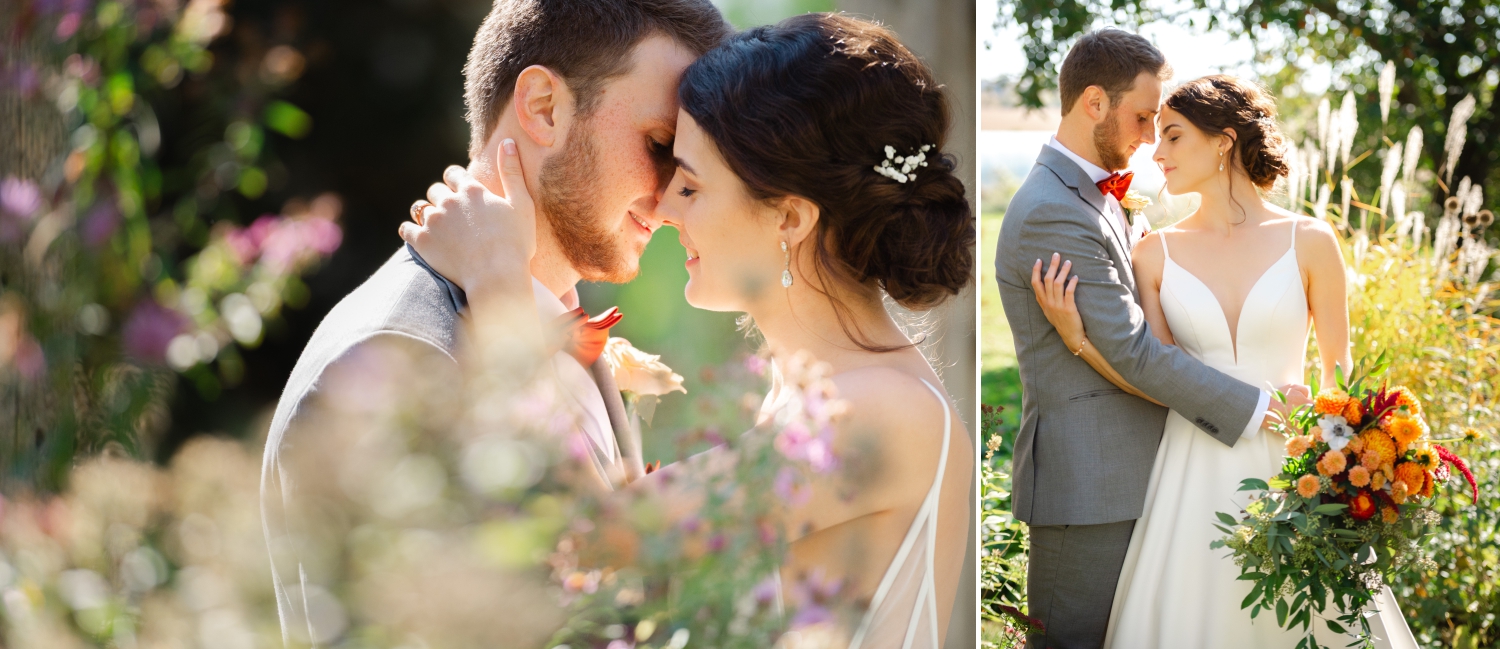 two photos of a bride and groom kissing in the gardens of Strathmere Estate. Captured by Ottawa wedding photographer JEMMAN Photography