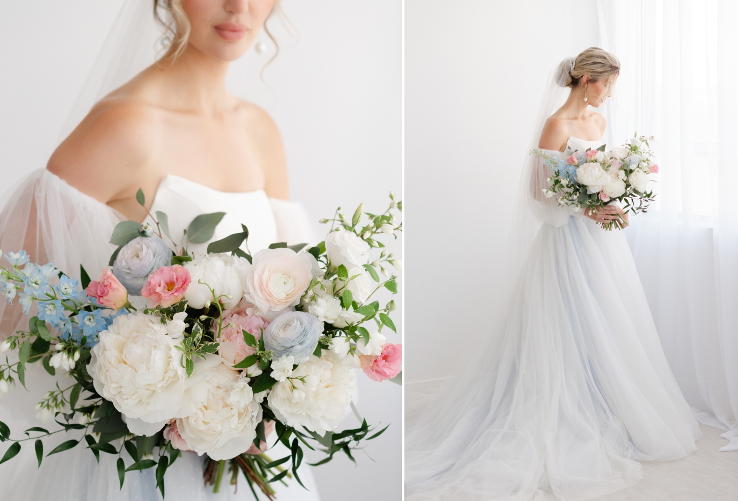two photos showing a bride holding a romantic wedding bouquet of peonies created by Ottawa wedding florist The Gathering Event Co and captured by JEMMAN Photography