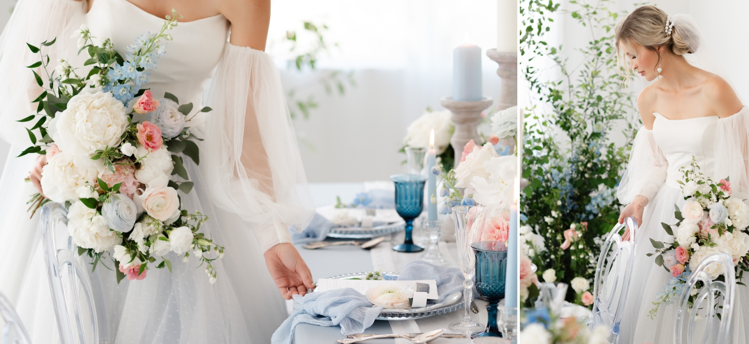 two photos showing a bride looking at her blue Ottawa wedding floral reception details. Captured indoors by JEMMAN Photography
