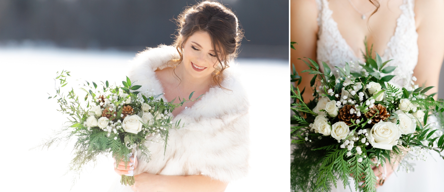 a winter bride holding a winter style bouquet of white roses, evergreens and pine cones. Created by Ottawa wedding florist The Planted Arrow and photographed by JEMMAN Photography