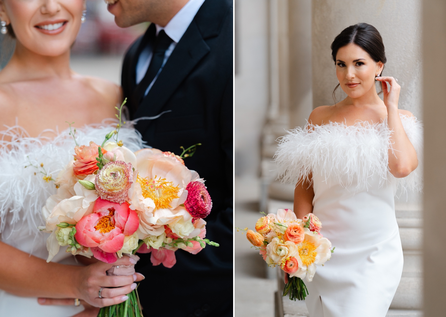 two closeup photos showing a bride in a white short dress and feathers holding an orange wedding bouquet created by Ottawa wedding florist Pollen Nation Floral Studio. Captured by JEMMAN Photography