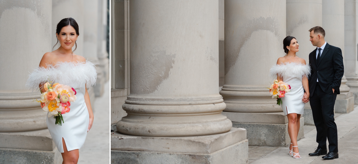 two photos showing a bride in a short white dress and feathers and holding an orange wedding bouquet and a groom in a black suit. Captured by Ottawa wedding photographer JEMMAN Photography