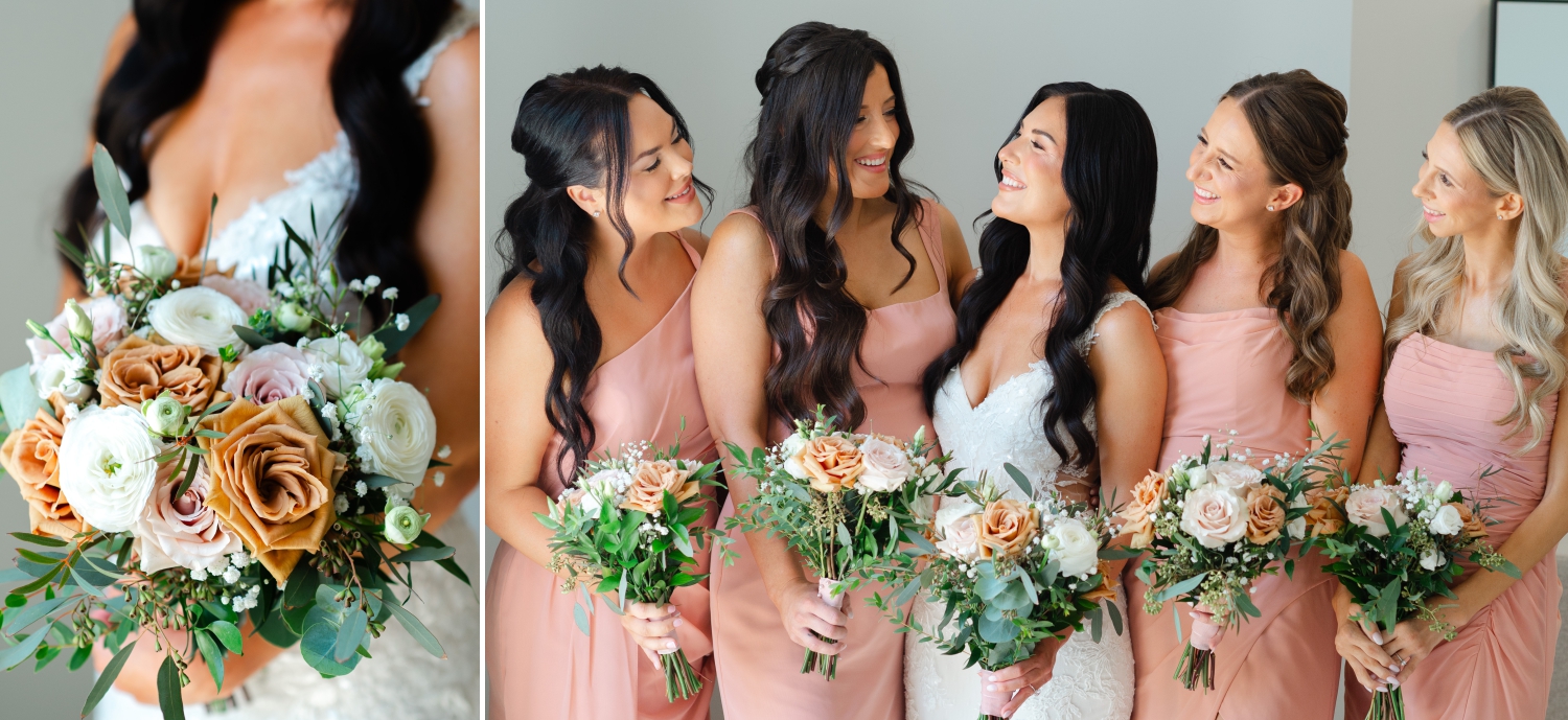 two photos showing a bride and her bridesmaids holding sand, peach and white wedding bouquets created by Ottawa wedding florist Acanthus Florals. Captured by JEMMAN Photography