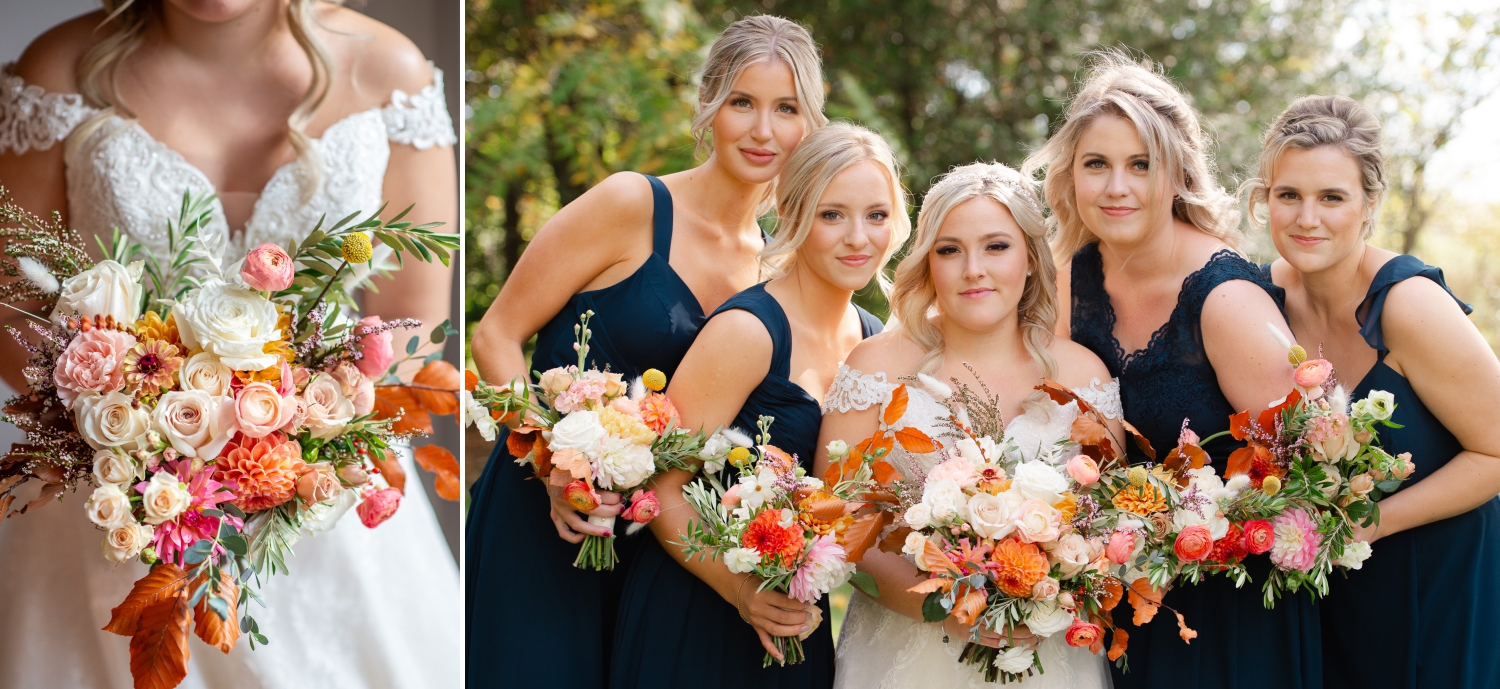 two photos of a bride and bridesmaids in blue dresses holding gorgeous orange wedding florals created by Riverwood Gardens. Captured by Ottawa wedding photographer JEMMAN Photography