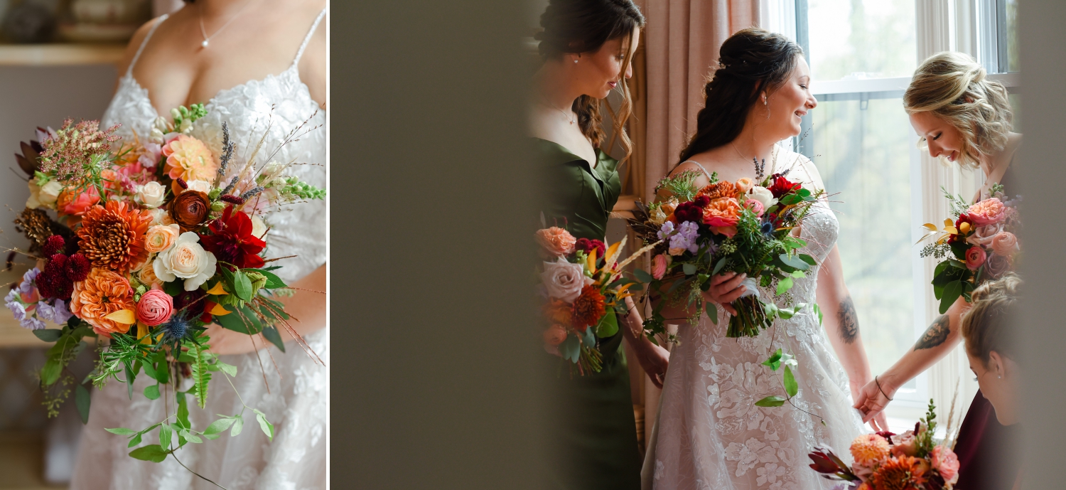two photos showing a bride and her bridesmaids holding fall coloured wedding bouquets created by Ottawa wedding florist Riverwood Gardens. Captured at the Maple and Rose wedding venue in Merrickville by JEMMAN Photography