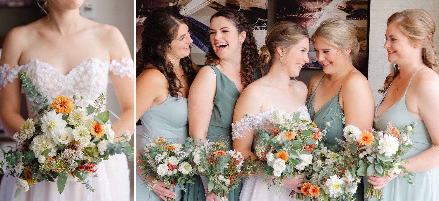 two photos of a bride and her bridesmaids in sage green dresses holding orange and green floral bouquets. Captured by Ottawa wedding photographer JEMMAN Photography