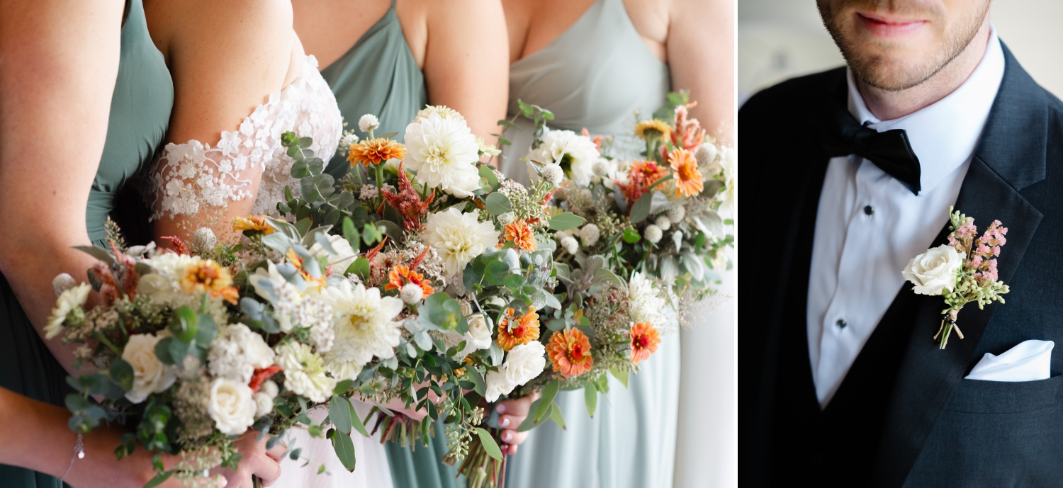 orange and green wedding bouquets and a white boutonniere. Captured by Ottawa wedding photographer JEMMAN Photography