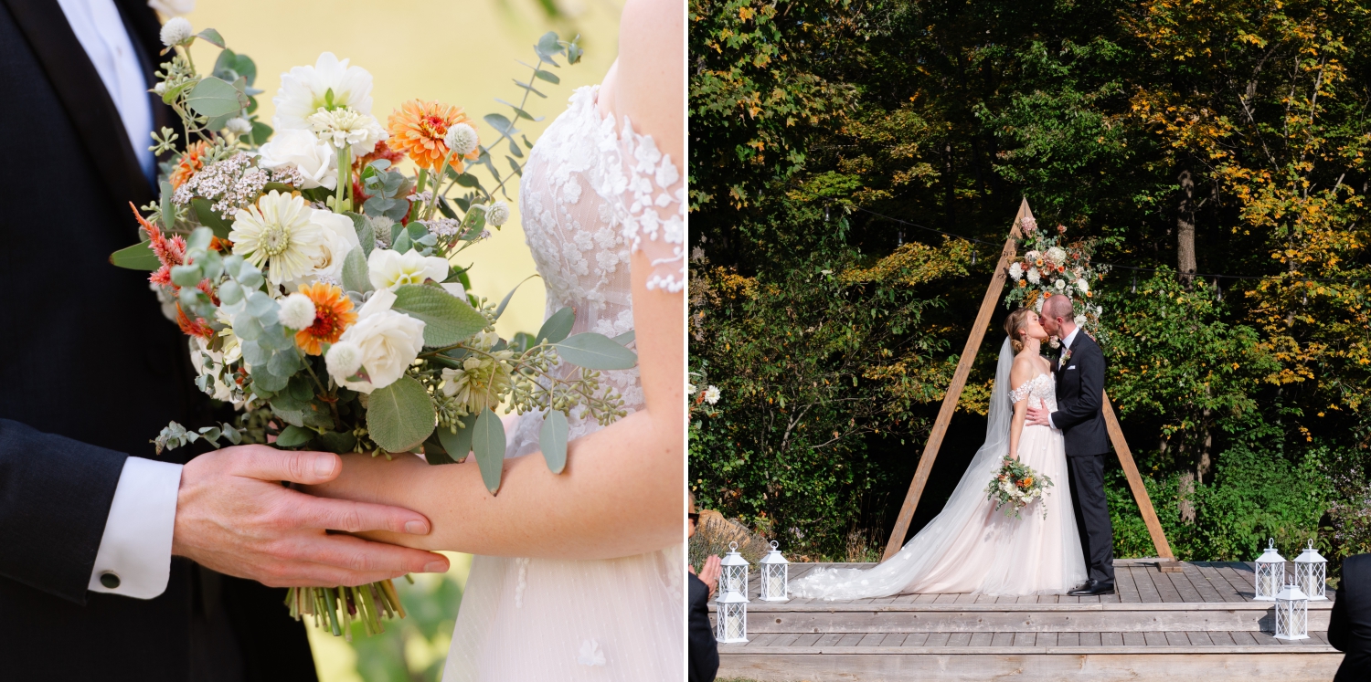 two photos showing a closeup of an orange, white and green floral bouquet and a bride and groom kissing at the altar with orange, white and green floral accents. Captured by Ottawa wedding photographer JEMMAN Photography