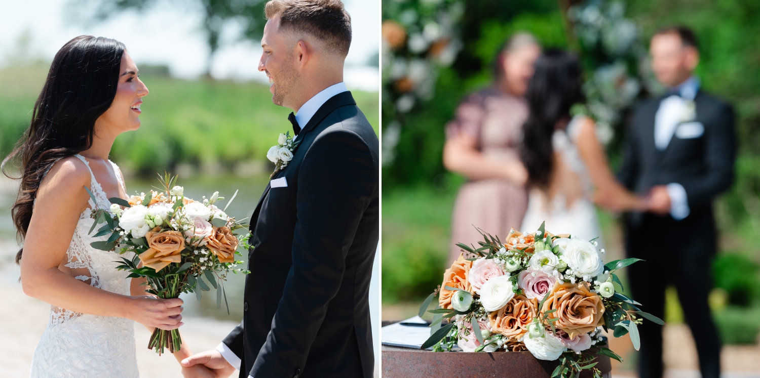 two photos of a bride and groom that focuses on the wedding bouquet created by Ottawa wedding florist Acanthus Floral. Captured by JEMMAN Photography