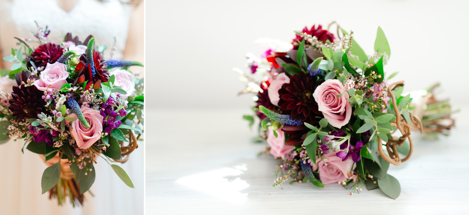 two closeup photos of a burgundy and pink bridal bouquet created by Ottawa wedding florist Floral Reef Design. Captured by JEMMAN Photography