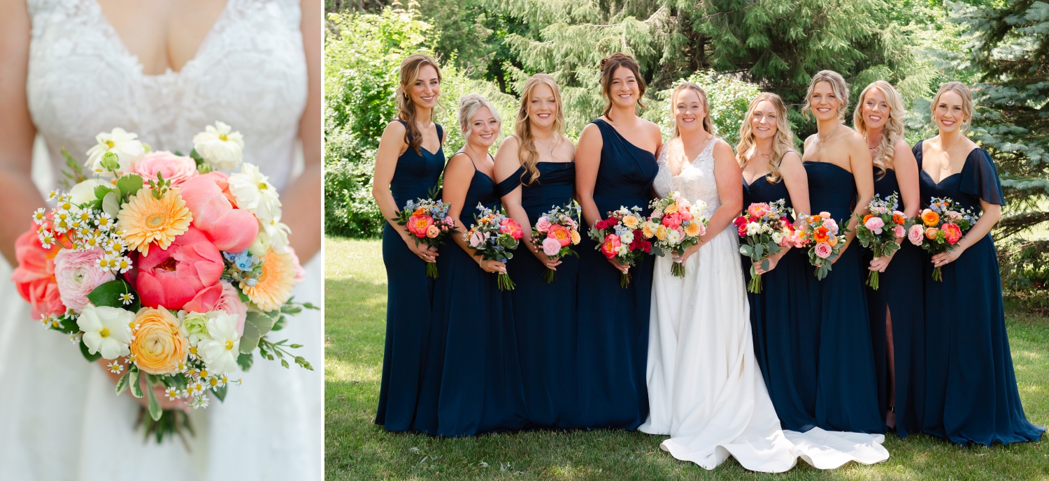 two photos showing a closeup photo of a brightly coloured wedding bouquet and a photo of a bride and her bridesmaids in blue dresses holding brightly coloured bouquets created by The Flower Shop in Kemptville. Captured by Ottawa wedding photographer JEMMAN Photography