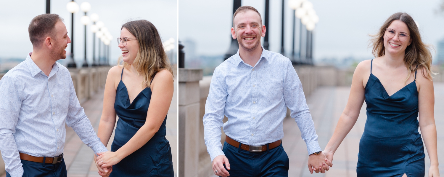 two photos of a male in a white shirt and a female in a blue dress walking hand in hand on the terrace of the Chateau Laurier hotel after their surprise engagement in Ottawa. Captured by JEMMAN Photography