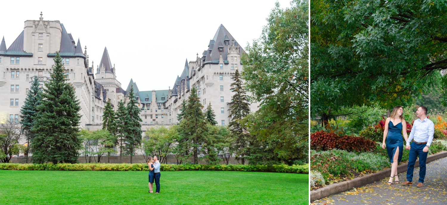 two photos of a male and female dressed in blue walking in Major's Hill park with the Chateau Laurier behind them. Taken after their surprise proposal in Ottawa by JEMMAN Photography