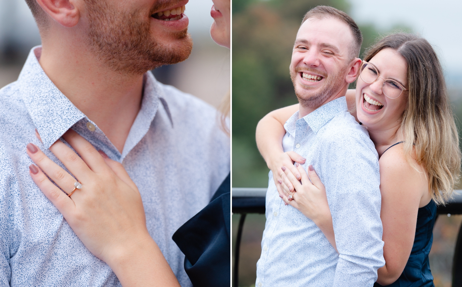two photos showing a closeup of an engagement ring and a female hugging a male from behind after their surprise proposal in Ottawa