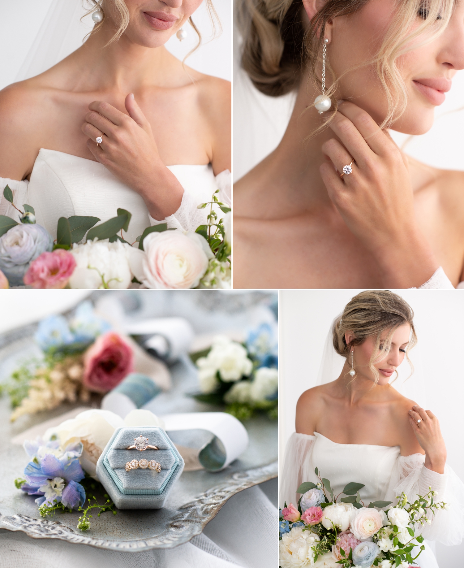 a collage of photos showcasing a bride in a strapless dress holding a pink and blue bouquet to showcase her engagement ring set created by Stor by Margo in Ottawa