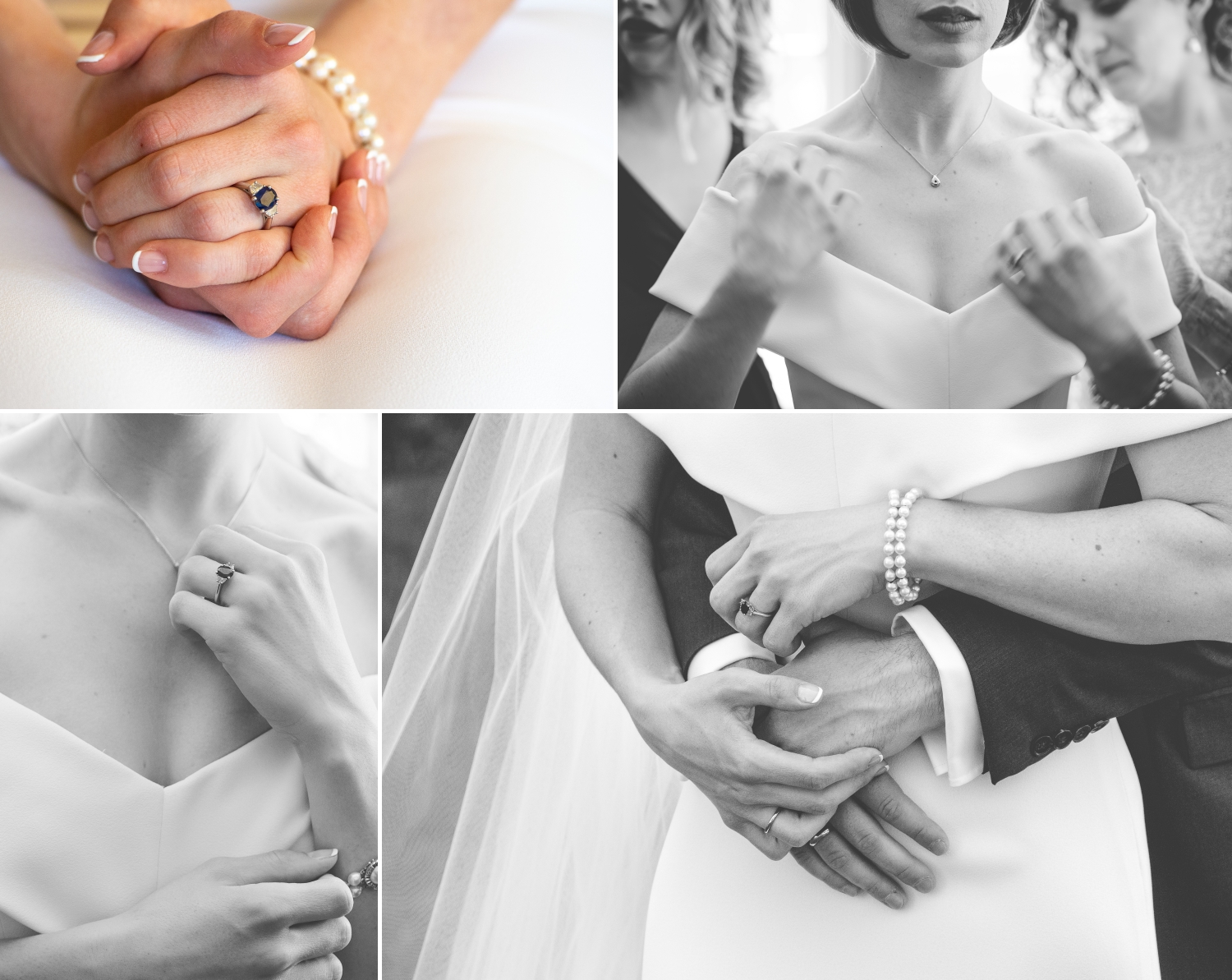 a collage of black and white photos showing a bride's hands on wedding day to focus on her engagement ring and accessories. Captured by JEMMAN Photography