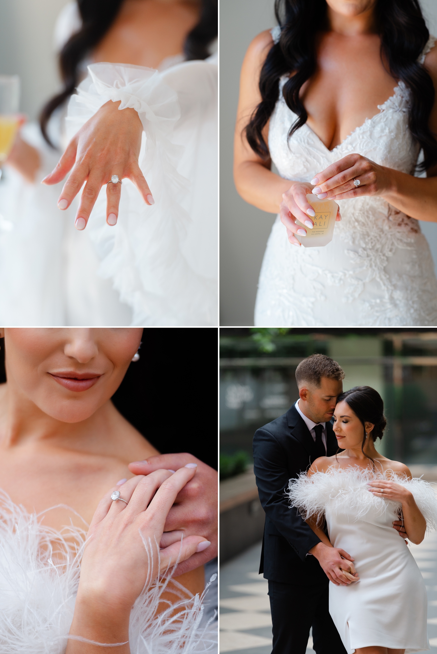 a collage of photos of a bride and groom to highlight their Ottawa engagement and wedding ring set. Captured by JEMMAN Photography