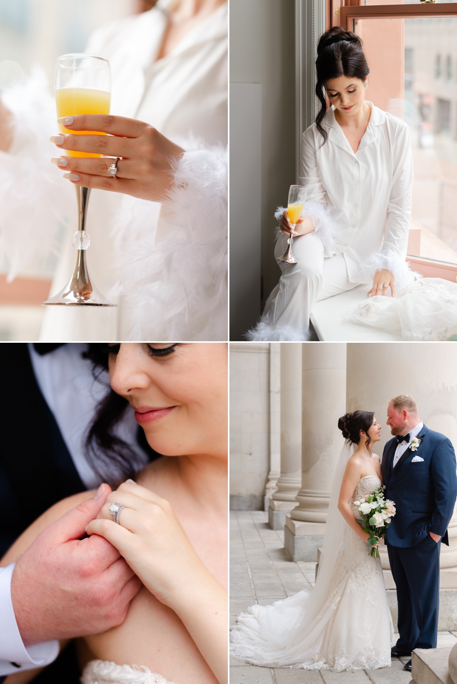 a collage of photos showing a bride's hands on her wedding day with the focus on her engagement rings created in Ottawa by Farrah Fine Jewellers. Captured at the Restays hotel by JEMMAN Photography