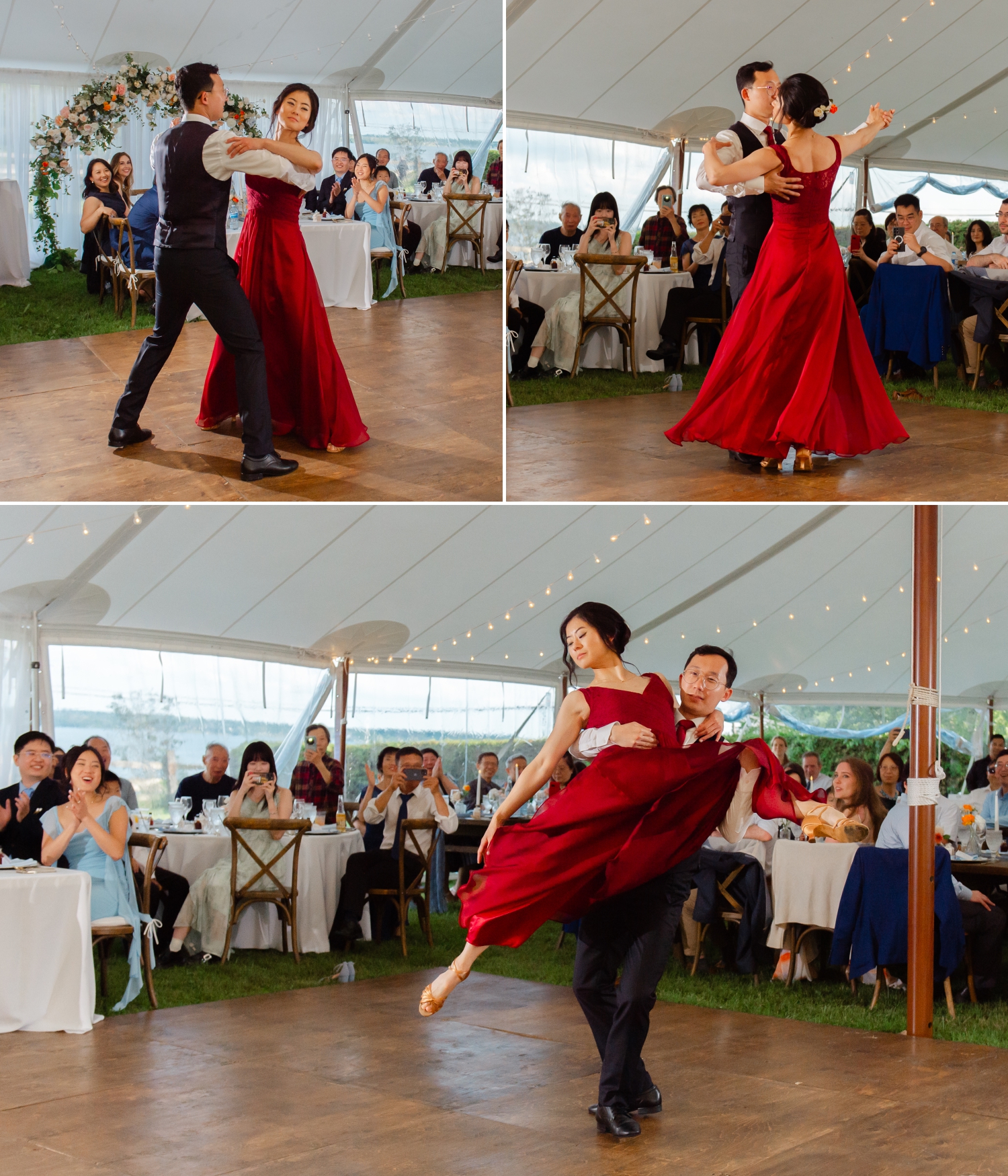 a bride in a red dress and a groom in a black suit twirl around the dance floor as part of their first dance that they learned during their wedding dance lessons in Ottawa