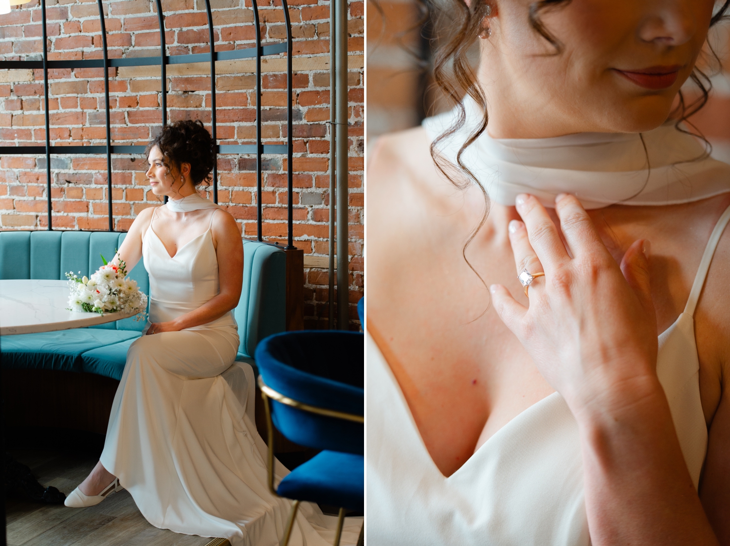 a bride sitting in the bird cage booth of the restaurant as she waits for her Starling Ottawa wedding ceremony to begin. Captured by JEMMAN Photography