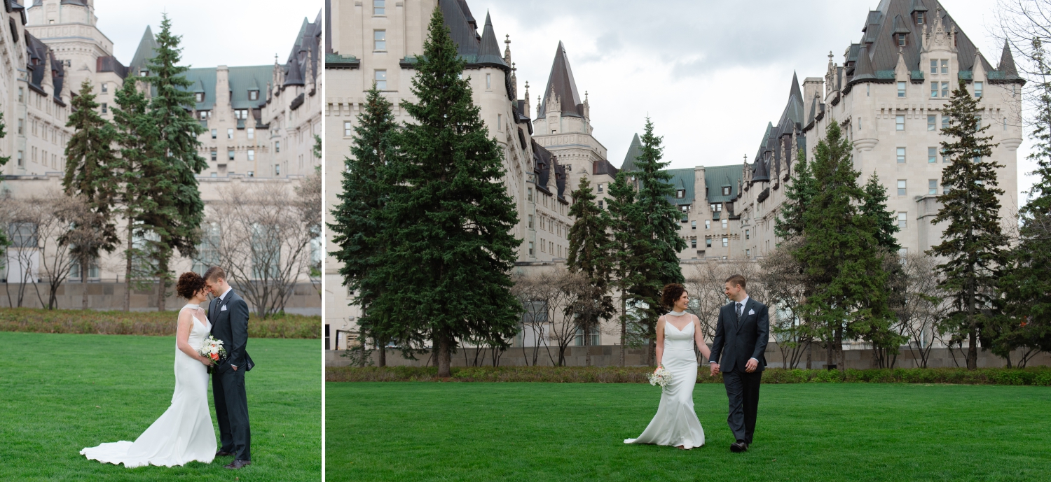 a bride and groom looking at each other adoringly and walking hand in hand with the Chateau Laurier in the background as part of their Starling Ottawa wedding photography