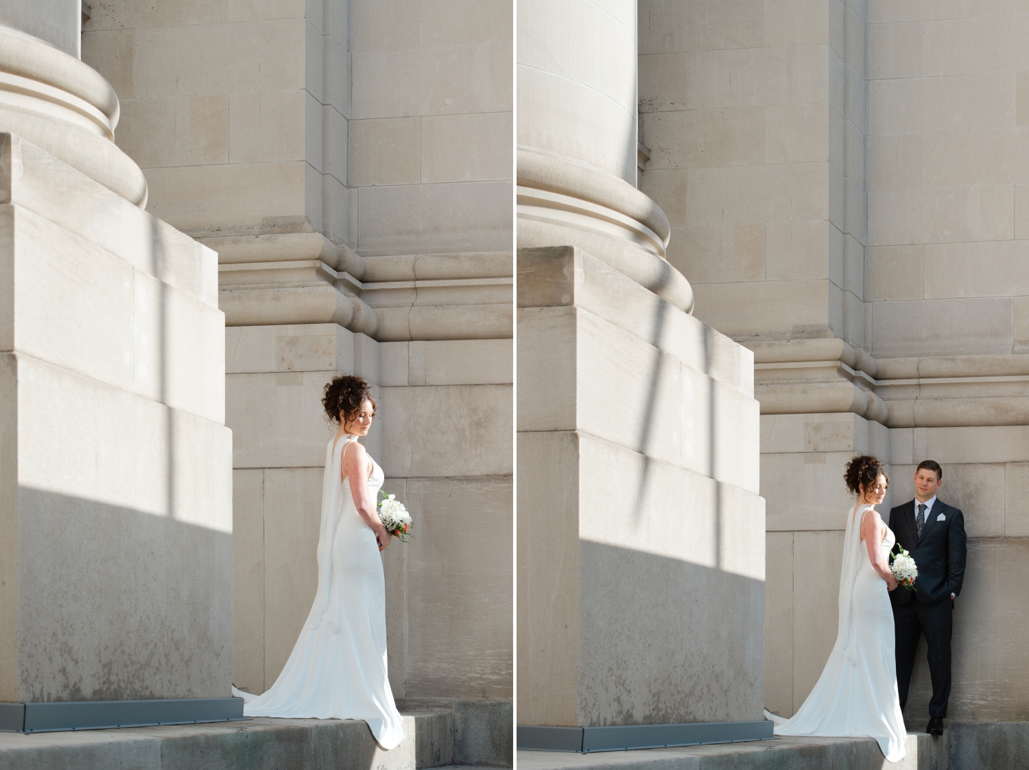 two dramatic photos of an elegant bride with the Senate building pillars in the background. Captured as part of her Starling Ottawa wedding photography
