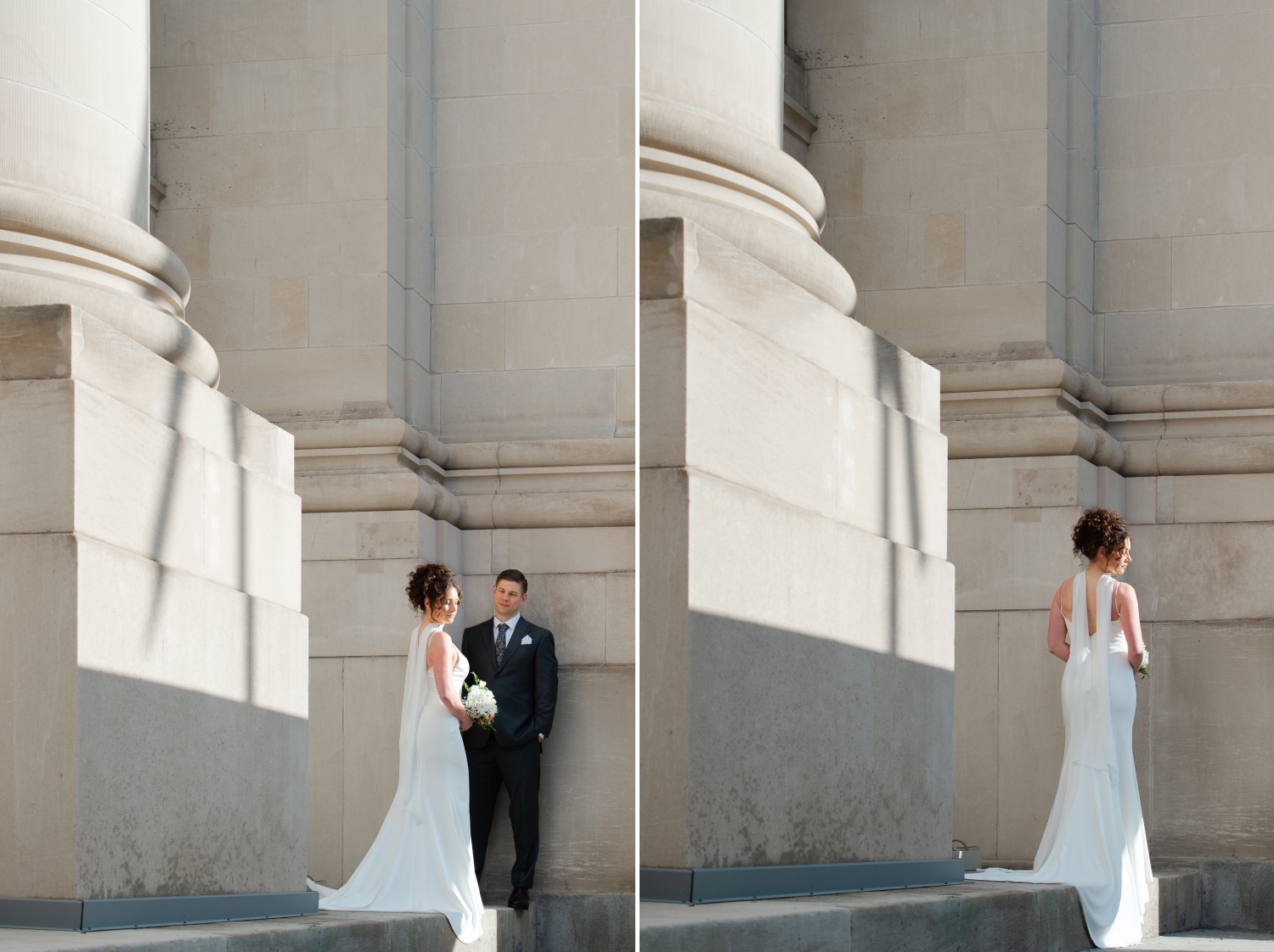 two elegant photos showing the back of a bride's dress and neck scarf. Captured as part of her Starling Ottawa wedding photography