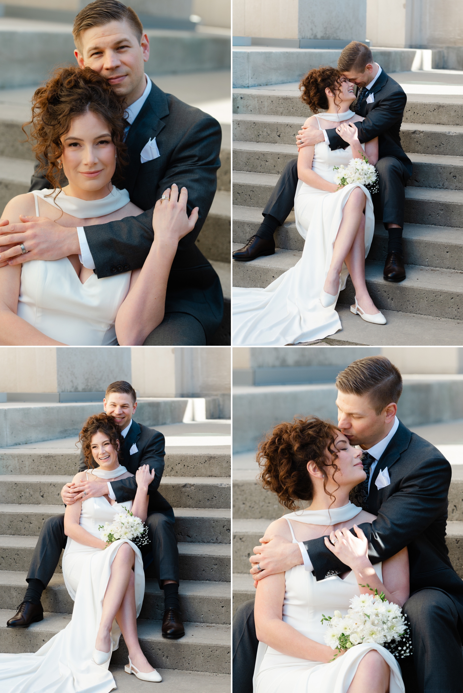 a collage of photos showing a bride and groom sitting on steps and laughing and kissing. Captured by JEMMAN Photography