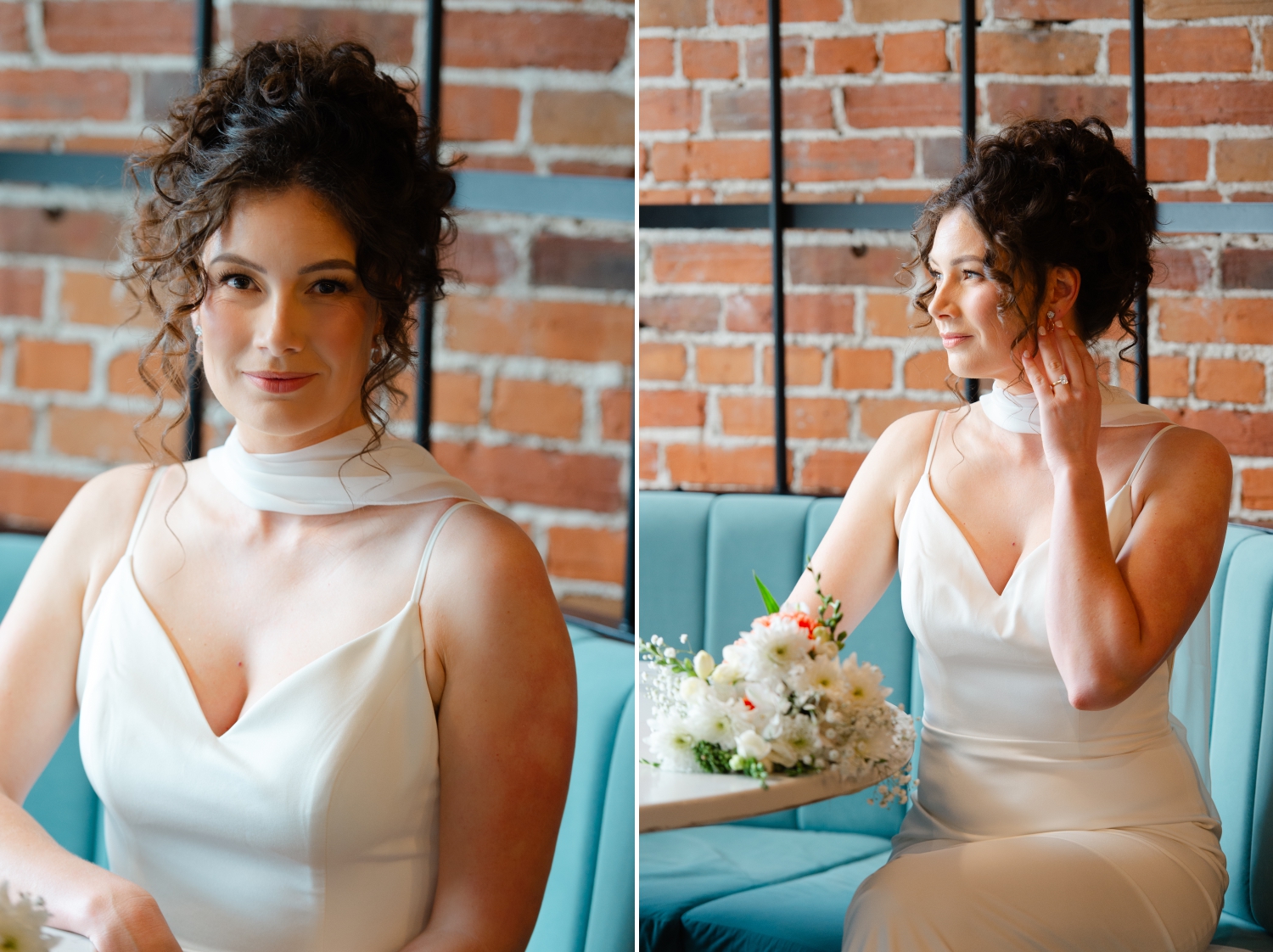 two photos showing an elegant bride with a curly updo sitting in the bird cage booth of the restaurant as she waits for her Starling Ottawa wedding ceremony to begin