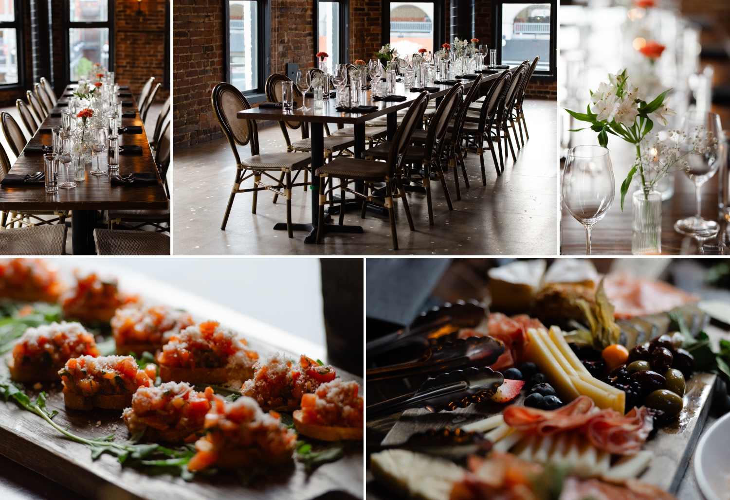 a collage of photos showing the table decor and food details during a Starling Ottawa wedding reception. Captured by JEMMAN Photography