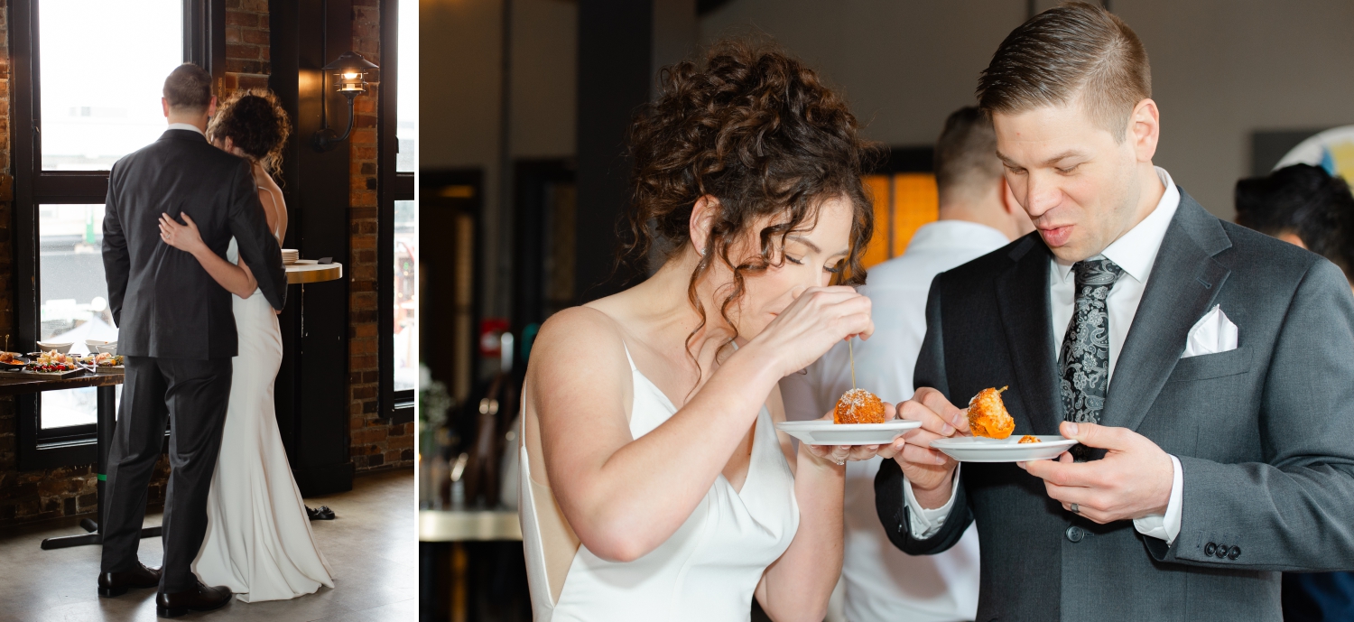 a bride and groom sampling their reception food at the Starling restaurant in Ottawa
