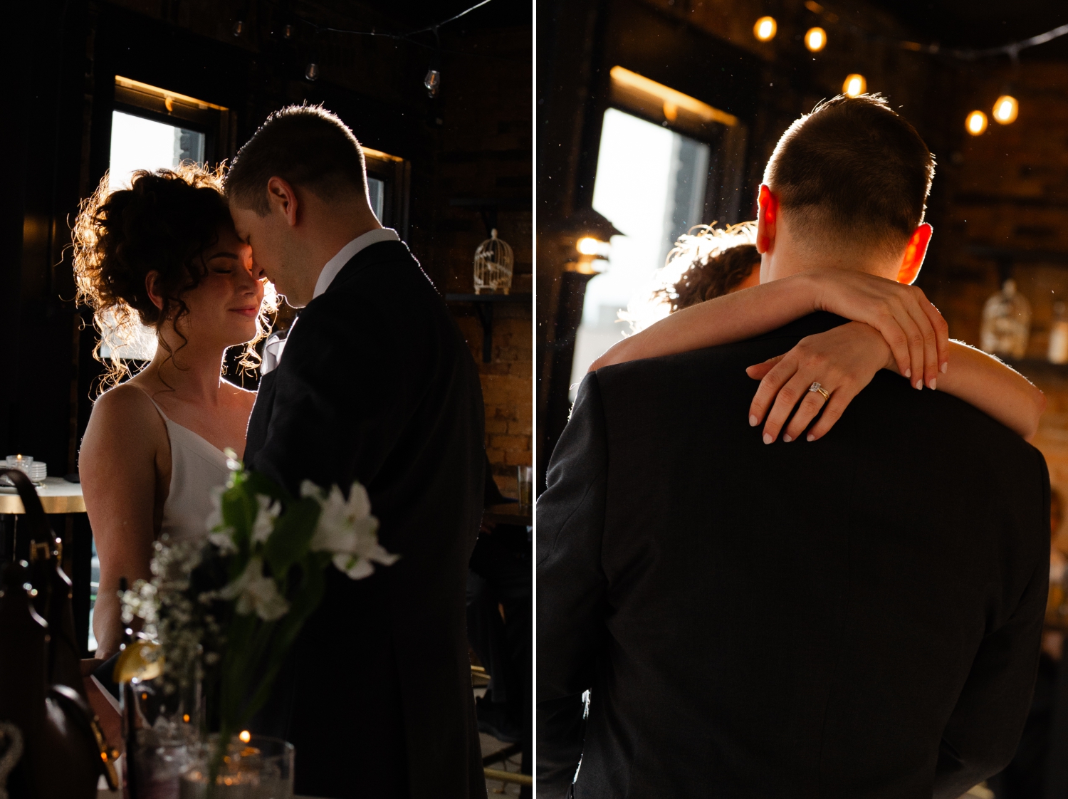 a bride and groom embracing tenderly during their Starling Ottawa wedding first dance. Captured by JEMMAN Photography