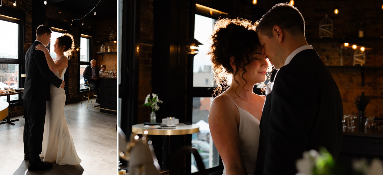 two photos showing a bride and groom dancing their first dance forehead to forehead during their Starling Ottawa wedding reception