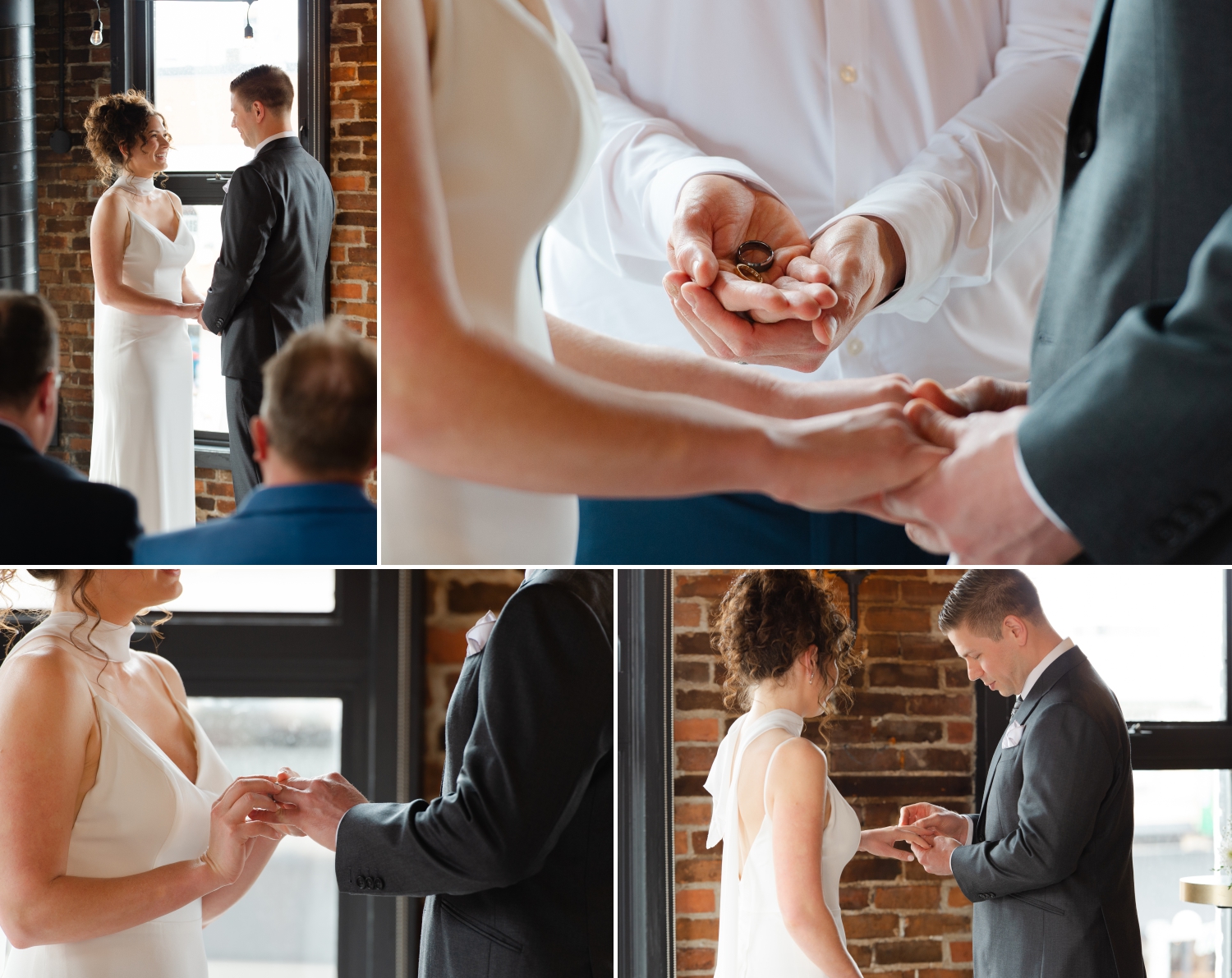 a collage of photos showing a bride and groom exchanging rings during their intimate wedding ceremony at the Starling restaurant in Ottawa. Captured by JEMMAN Photography