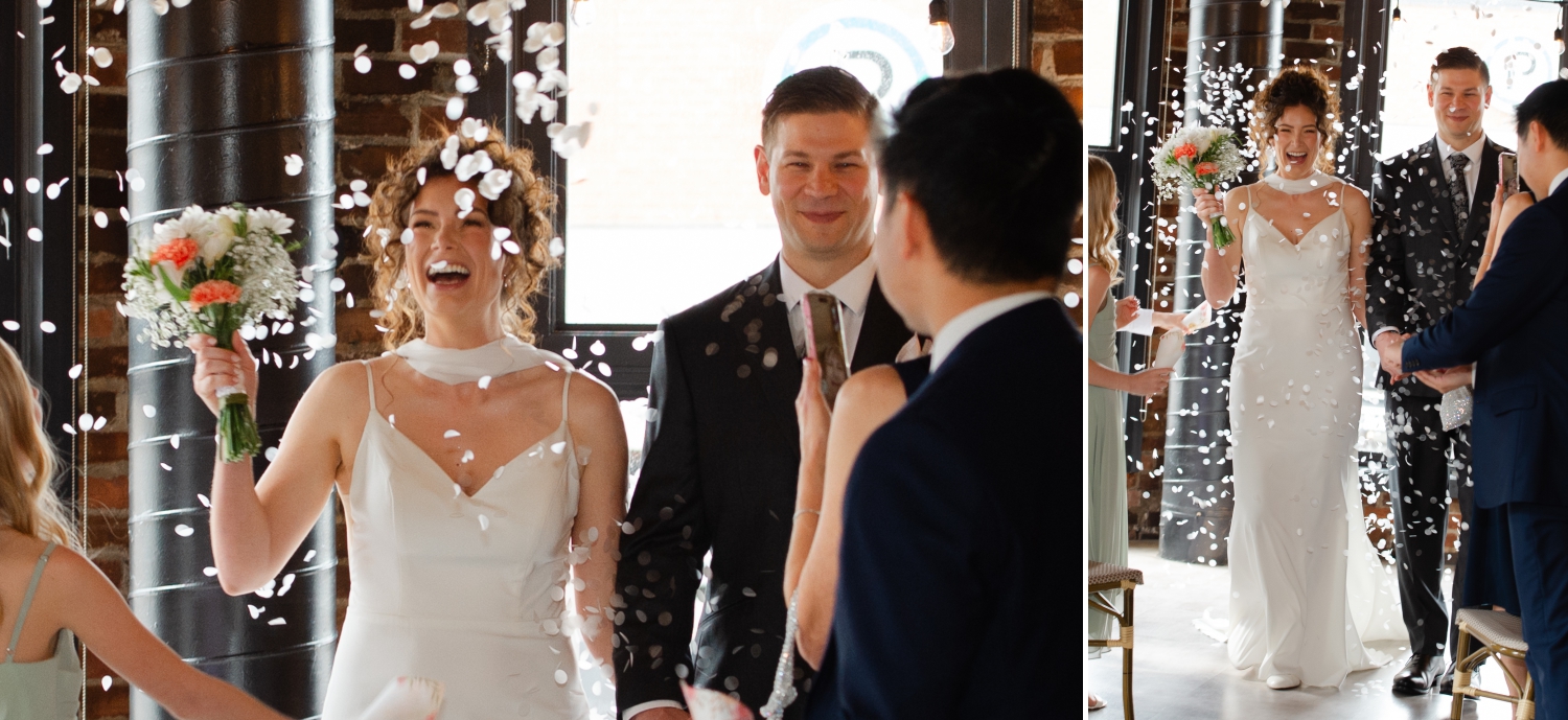 a bride and groom walking through a petal toss at the end of their wedding ceremony held in the private room of the Starling Restaurant in Ottawa. Captured by JEMMAN Photography
